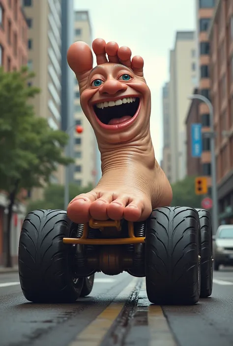  Create a picture for me,  in which a big foot rolls through the streets of a big city.  The foot should have a face , Which laughs .  The foot also has eight tires ,  on which he drives .  The picture should be in a rather funny and surreal context .