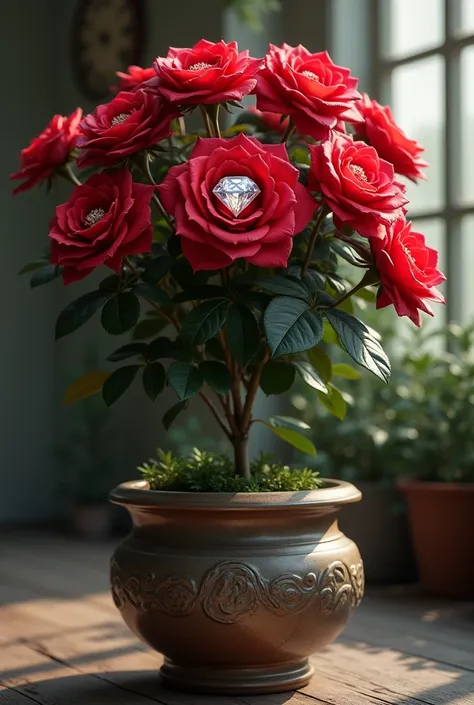 I need a real picture of a precious rose bush .  It grows in a large flower pot and there is a diamond inside the rose petals. 