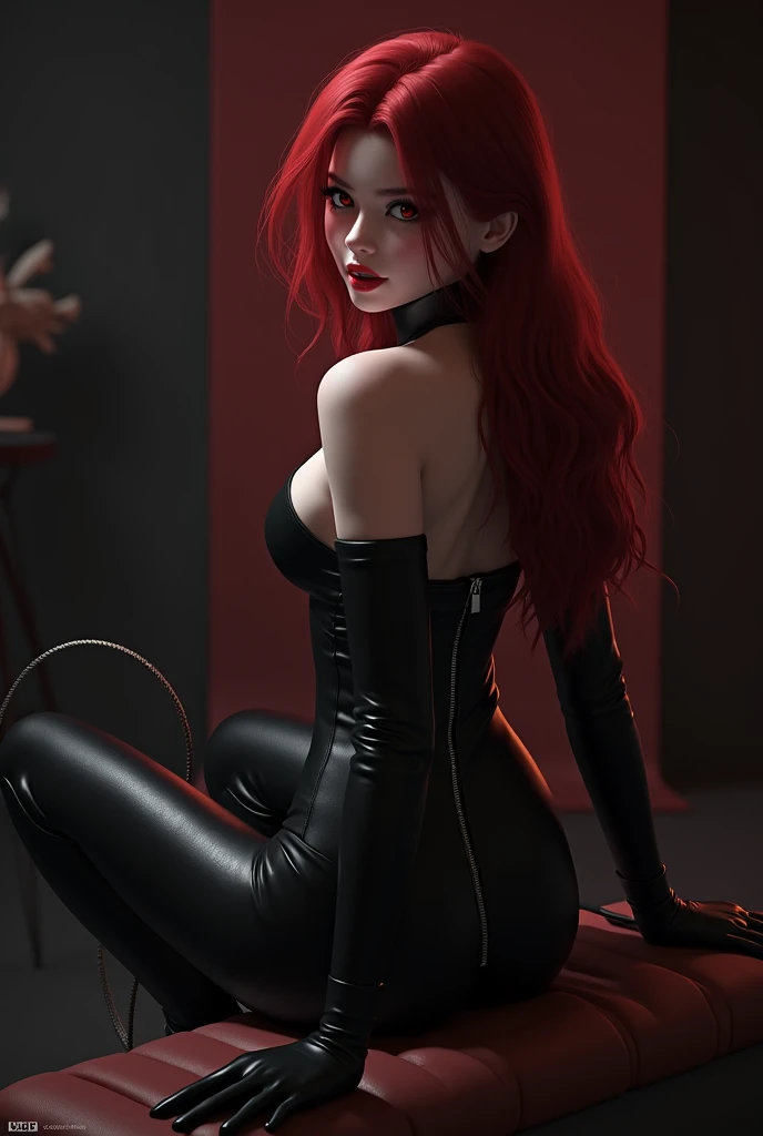 3D anime vampire girl, beautiful, Red eyes, long deep red hair, black shiny leather long jumpsuit, with a zipper in the middle open showing part of her breasts, black high boots, turn around with your back turned, looking back red lips, With a whip in his ...