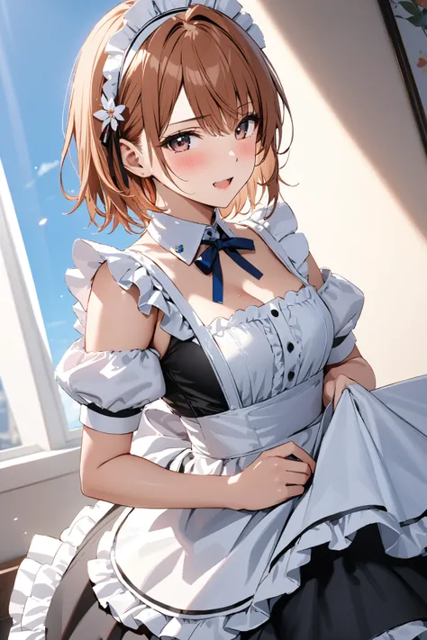  maid clothes, whole body, blush, Ecstasy face, (Misaka Mikoto), masterpiece:1.5, masterpiece, highest quality, UHD, retina, masterpiece, accurate anatomy, super detailed, high quality, best quality, 8k