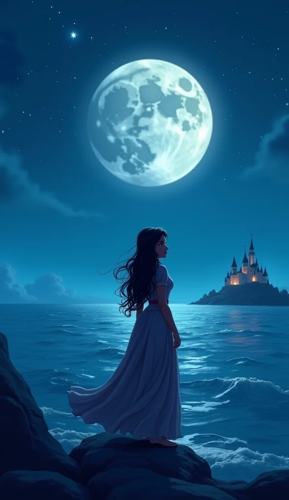 Generate an cartoon image of A calm moonlit night with Meera rising above the ocean’s surface, illuminated by the soft glow of the moonlight. She is looking towards a grand castle in the distance, imagining the dream of Prince Veer.
