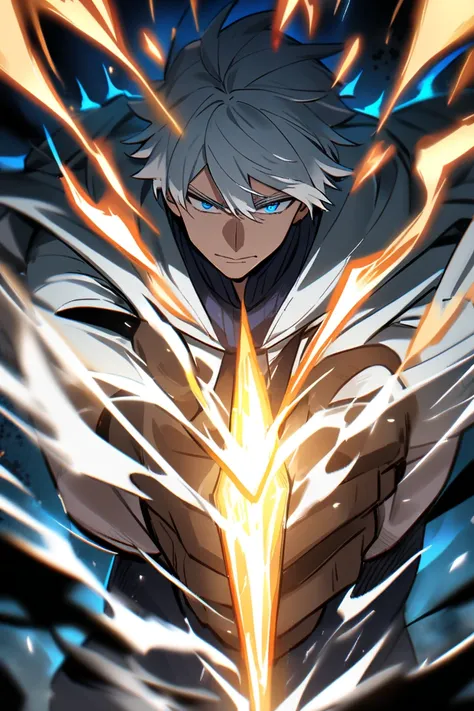 1 man, adult,  white hair,  Blue Eyes, aura 