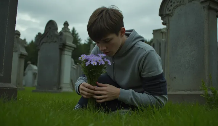 Generate a image of a broken heart boy sitting on grave yard with flowers in the hand, high resolution, masterpiece, dramatic shadow, realistic shadow