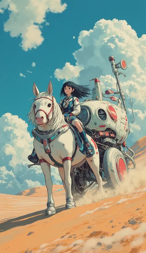 A cool beautiful girl from the future riding a chariot　desert