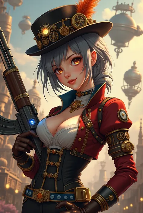 A gorgeous anime-style steampunk woman, wearing an elaborate steampunk outfit with a corset, leather gloves, and a high-collared jacket with brass and copper accents. She holds a steampunk rifle decorated with gears and tubes emitting a faint blue glow. He...