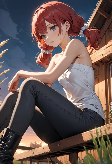 (Masterpiece l, best quality),JK,highly detailed, intricate details, from below,  half-open eyes, shadows over eyes, ((long swept bangs, low twin tails)), gray eyes, red hair, swept bangs, sitting on wooden steps, legs crossed, small breasts, toned arms, s...