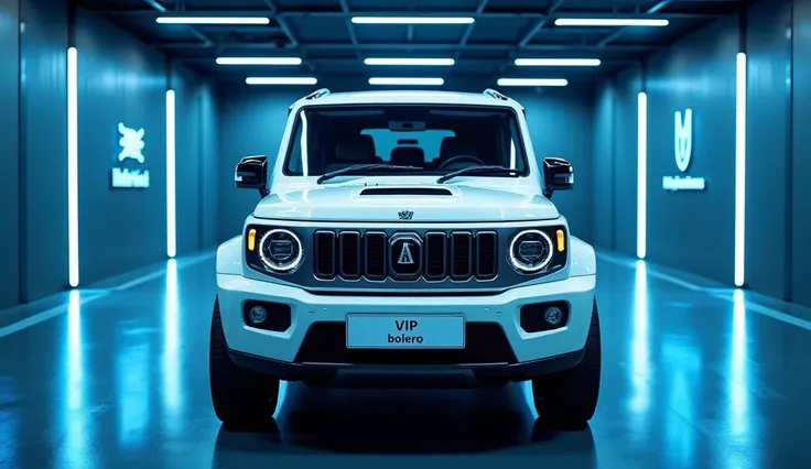 A luxurious photograph of a fully modified 2025 (Mahindra bolero) parked in a spacious, high-end garage. The car is shown from the front view angle and elegant design. The premium white of the car exudes a VIP vibe. The garage features fully blue, illumina...