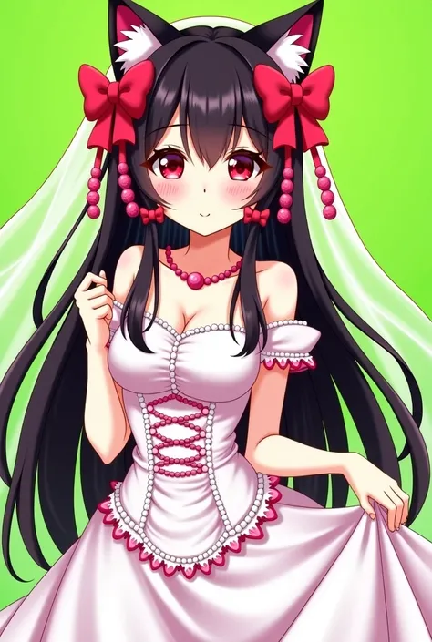 Vibrant and detailed anime-style illustration featuring a female character with cat-like features. She has long, dark hair adorned with red and pink accessories, including a large bow and various beads. Her eyes are large and glowing red,. She is wearing w...