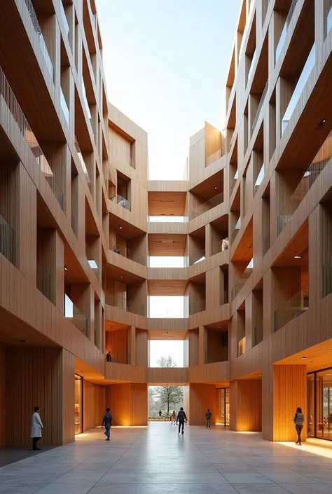 Architecture, Five storey building, Residential apartment, With volumetric timber facade, Large open space at ground level, grand atrium at centre plaza