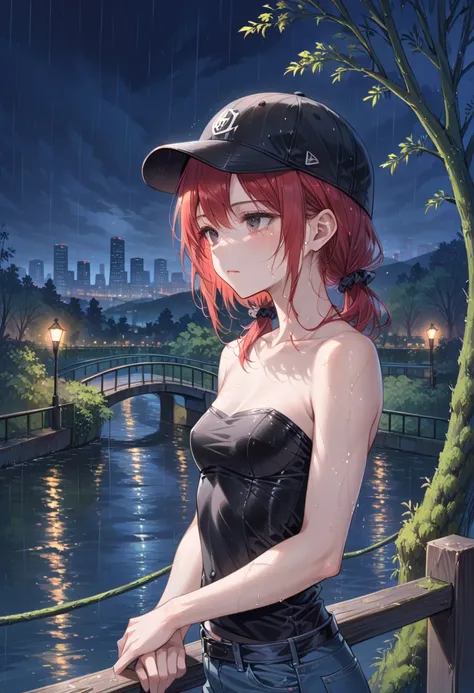 
(Masterpiece, best quality), expressionless girl , holding own arm , looking away, highly detailed, intricate details, melancholic, low twin tails, gray eyes, red hair, swept bangs, small breasts, toned arms, strapless black sleeveless shirt, black baseba...