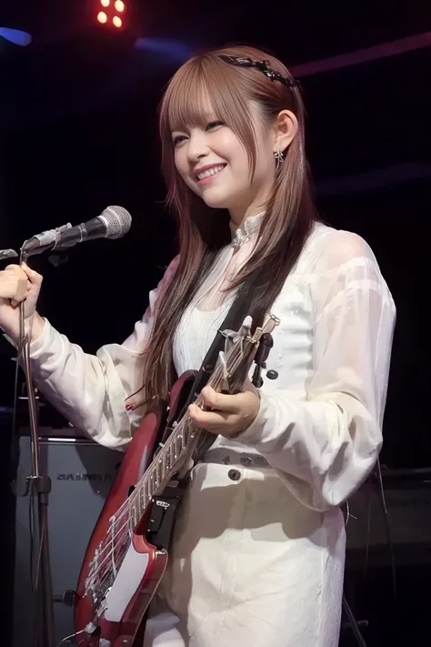 Fami, 1girl, solo, She is a professional bassist that consisted of 5 Japanese females heavy metal band "Lovebites" ., Leica with carlzeiss lens, 18mm,
(8k, RAW photos, top quality,masterpiece:1.2),( realistic , Photorealistic:1.37), super detailed , super ...