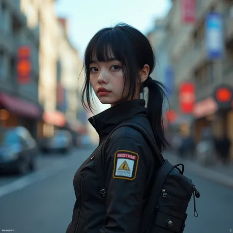 :1> (8k, RAW photo, best quality, masterpiece:1.2), (realistic, photo-realistic:1.37), ultra highres, depth of field, chromatic aberration, caustics, Broad lighting, natural shading,Fujifilm XT3,ultra detailed,cyberpunk uniform,1girl, solo,standing, lookin...