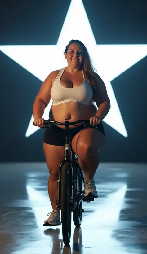 Create an ultra-realistic full-length portrait of a very overweight woman on a small bicycle, with an extremely prominent belly and visible love handles on her sides and legs. Her thighs and buttocks are large and well-defined, with her full figure emphasi...