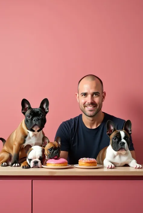 Person with black and black, in his pink kitchen with donuts and three brown and white French bulldog dogs, one black, with black spots and a person sitting eating, bald hair of medium build who is the father 