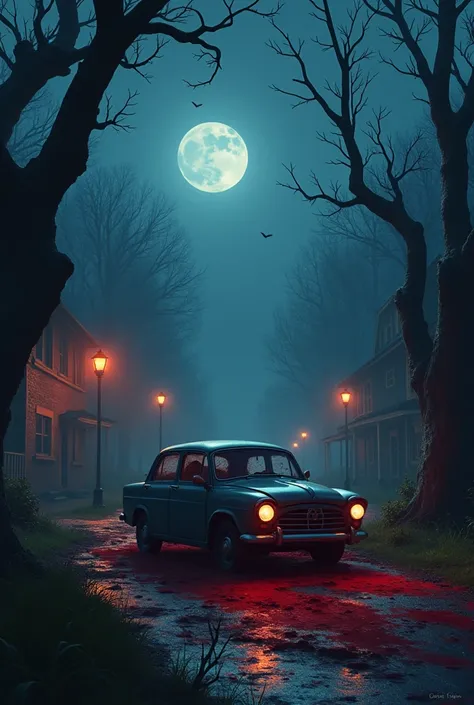 Disney-pixar create a horror look then there is a picture of a car and the title "Bloody Night" then the subtitle "BY ELEVEN STUDIO" then add a village and a car then a forest background 