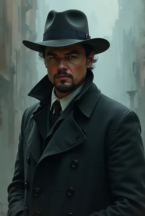 a dark english hat/dark coat/water painting/Leonardo DiCaprio