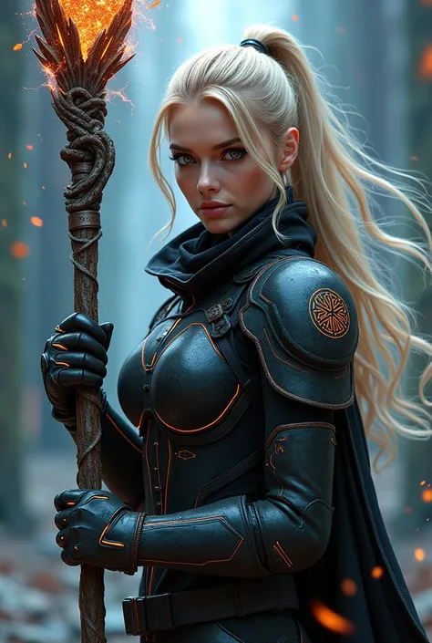  score_9, score_8_up, score_7_up, score_6_up,character_UI, Futuristic European female wizard (Supermodel, extremely beautiful) in wizard tactical armor (magical color, boots, tactical cloak), mystery symbol engraved, posing with a magical stick with electr...