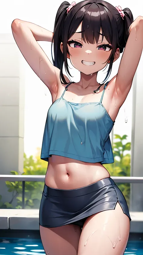 (8K, Highest image quality, highest quality, masterpiece), detailed face, ((one )), mesugaki, black hair, short twintails, gray eyes, evil smile, ((grin)), flat chest, ((camisole)), ((tight mini skirt:1.3)), midriff, navel, exposed、Clothing that fits snugl...