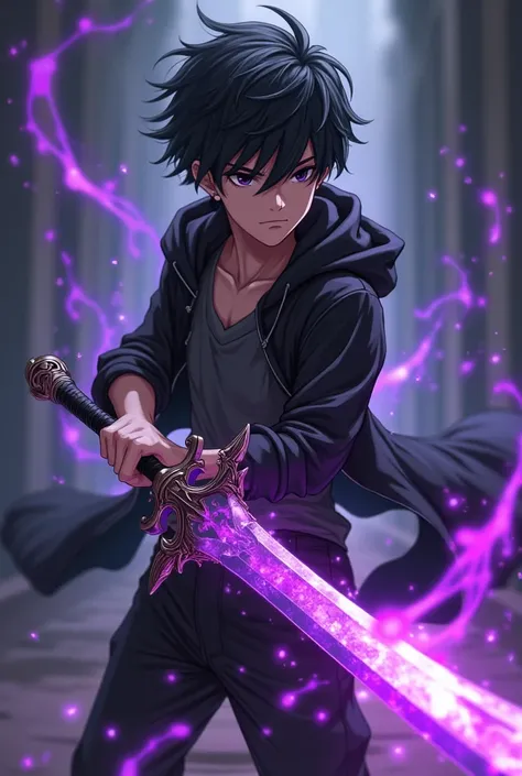 anime boy carrying a sword with a purple and black aura