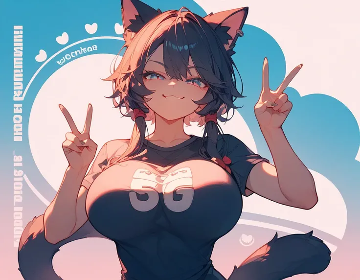  top quality 、masterpiece、8k、  Anatomically Accurate 、 Cat ears、 the cutest goddess in the world 、 smug face、  raise your face、  peace sign 、((Big Breasts:1.3))、giant paw stamp on background、 Stylish T Shirt 