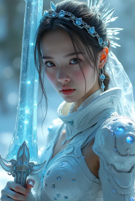  masterpiece,  HIGH QUALITY. real photo.  beautiful and attractive young woman in cyberpunk armor designed as an ice machine wearing a crystal headband,  With a giant ice sword that illuminates .