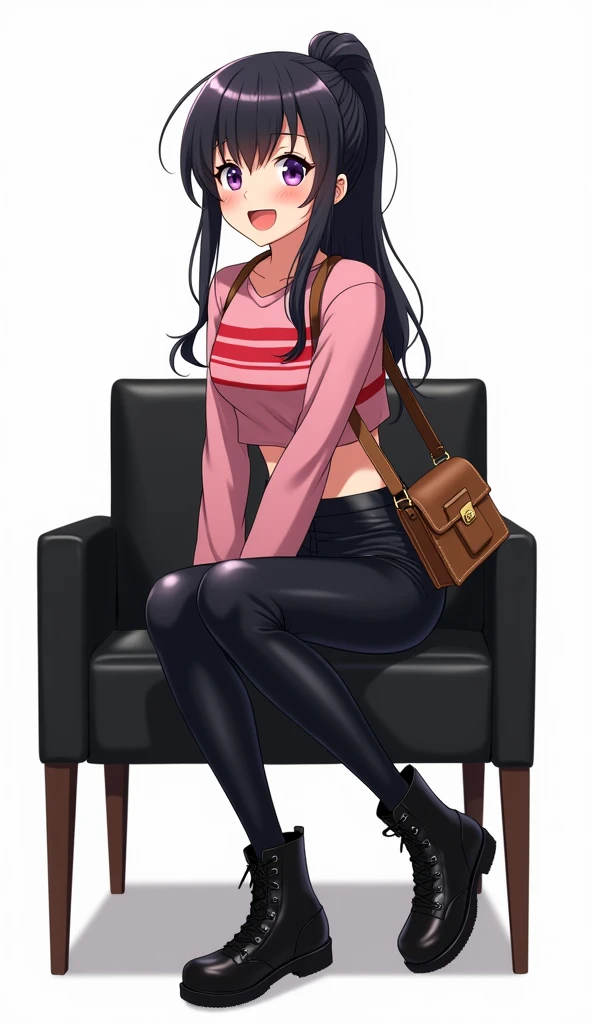 Japanese anime teen woman with long black hair, a ponytail with locks and purple eyes, and wears a long sleeve crop top with horizontal red and pink stripes., combined with tight pants made of material similar to leather or shiny black vinyl with black lea...