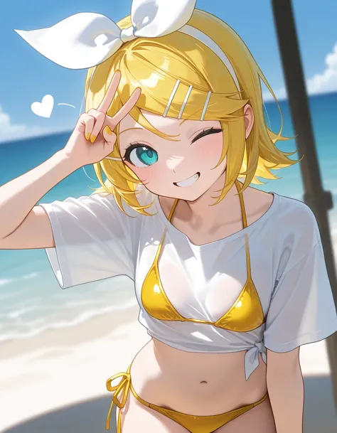 masterpiece,best quality , Kagamine Rin , bikini , wink , shirt  