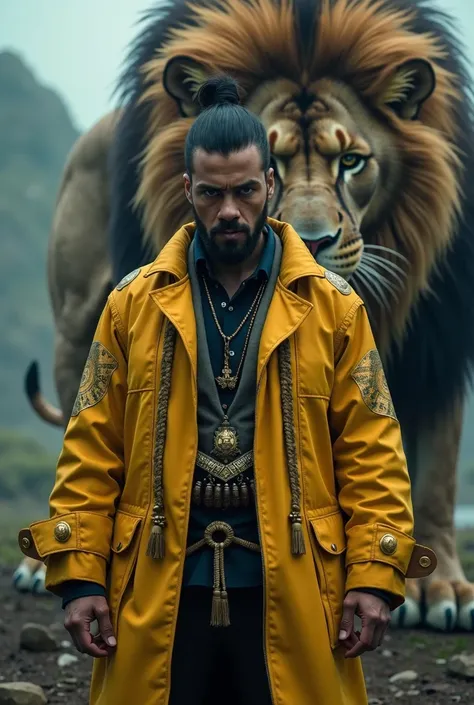 A yellow jacketed makai man alongside a monster lion facing the camera