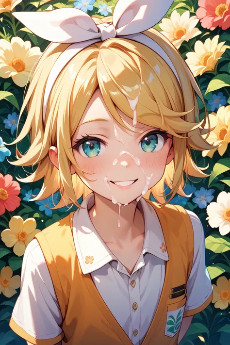 Kagamine Len,femalise, smile, blush, whole body, Floral Background,Masterpiece,arms behind back,cum on face,cum on hair,big chests,
