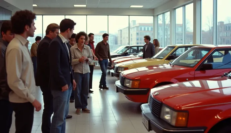 "In a busy automotive showroom in 1987, a group of excited customers admires the new Excel cars, while salespeople showcase their features. The showroom has a modern, sleek look of the 1980s, with shiny new models prominently displayed, creating a vibrant ...