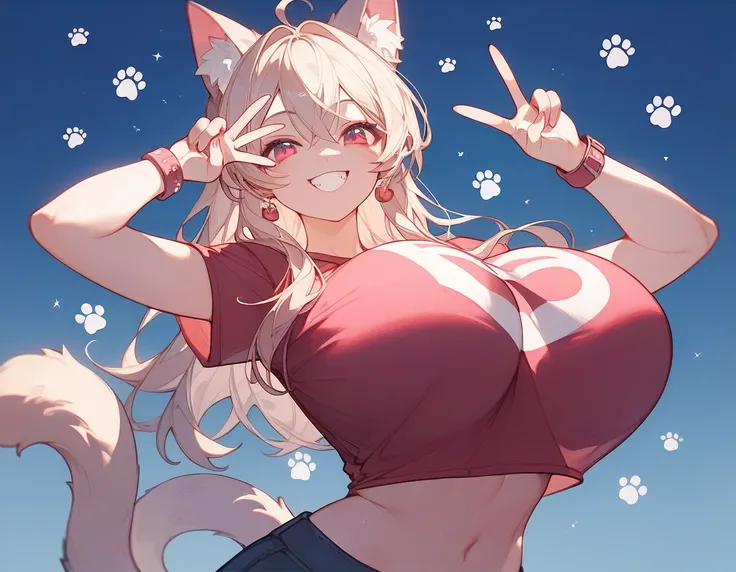  top quality 、masterpiece、8k、  Anatomically Accurate 、 Cat ears、 the cutest goddess in the world 、  Modest Smile、  raise your face、  peace sign 、((Big Breasts:1.3))、giant paw stamp on background、 Stylish T Shirt 