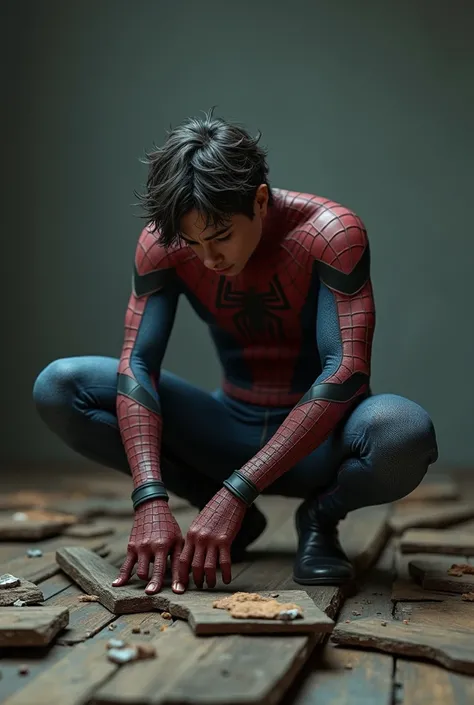 Sad teenage spiderman and a table with broken wood pieces