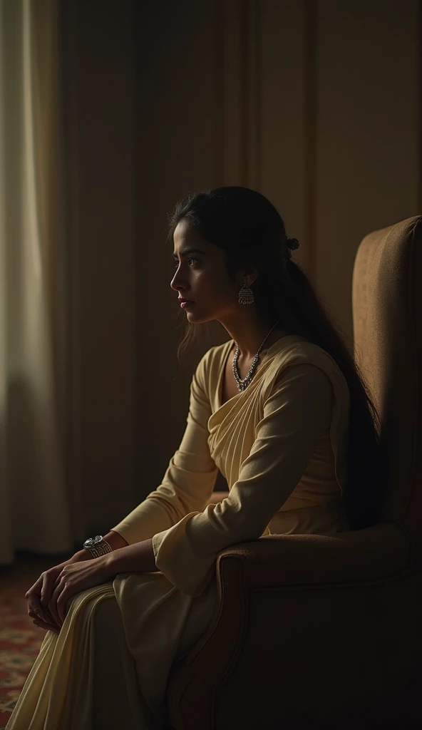 beautiful Indian girl, 25 years old, sitting sadly standing in a luxurious room.  her posture conveying deep sorrow and vulnerability. Her traditional outfit, possibly a saree or salwar kameez, is elegant but subdued in color, matching the somber mood. The...