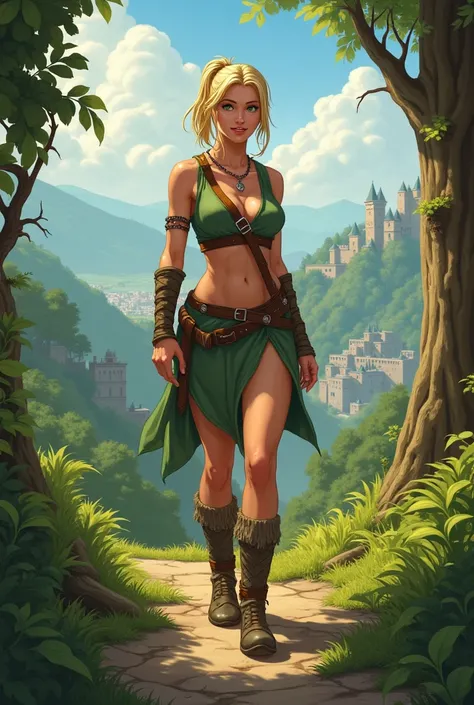  I want a detailed image of a fantasy character named Sylvia , the explorer .  She is on a forest path where you can see a city in the distance.
 Physical Description :  Sylvia is an agile and athletic woman ,  with sun-tanned skin from the open lands .  S...