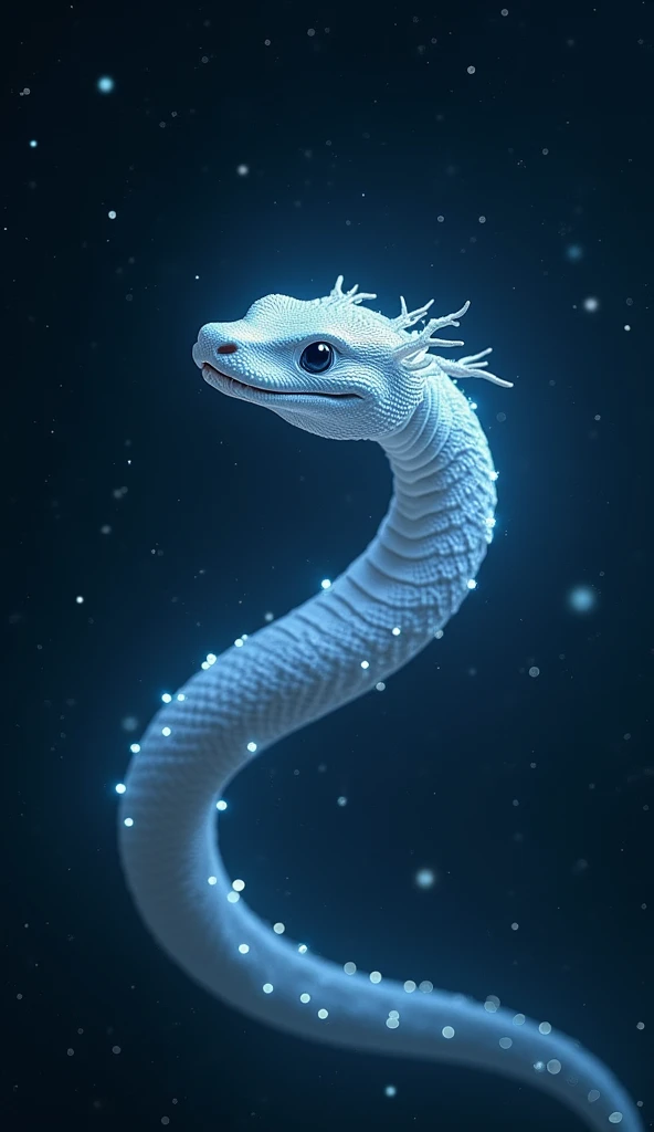 ((masterpiece,  Highest quality ,  Highest image quality  ,  high resolution, Realistic,  original photo,  Extremely detailed unified CG 8K wallpaper )), Dark night sky ，A glowing white snake flies in the air，black shiny eyes，