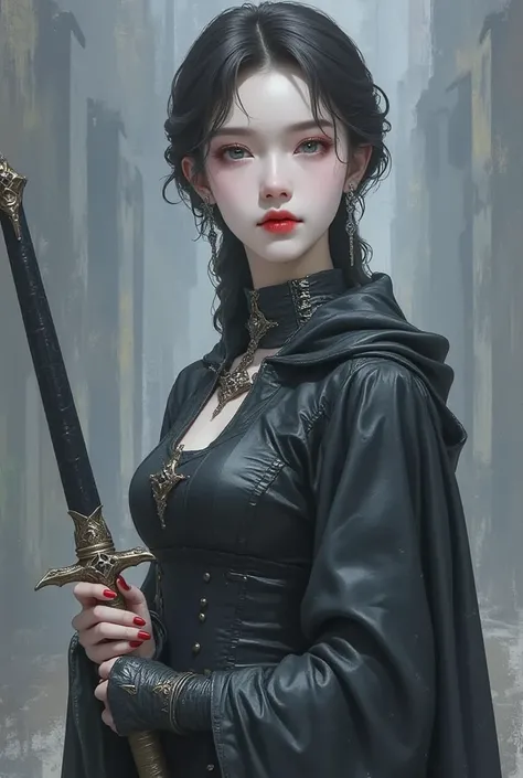 (top quality, 4K, masterpiece :1.3),  double eyelid, 1 cute young beautiful asian woman shemale, dark haired, pale skin, grey eyes, asian slanted eyes, long hairs, red lips, dressed, sword held, earring, black leather vampire hunter outfit, black boots, pa...