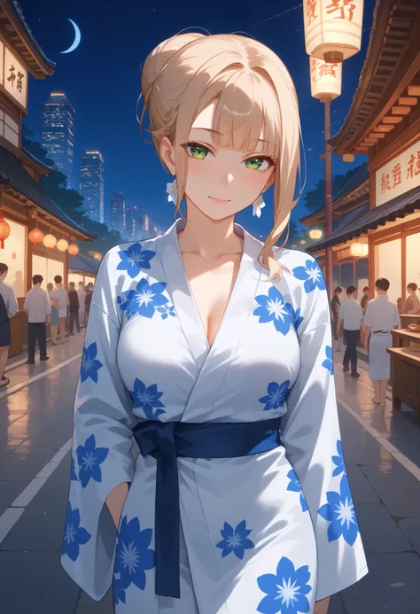 (score_9, score_8_up, score_7_up, score_6_up), anime, high res image, (masterpiece, detailed:1.2), (1girl:1.5), (beige hair, long hair, blunt bangs, hair bun), (earrings), (dynamic poses), looking at viewer, (blushing red, relaxed), (green eyes, detail eye...