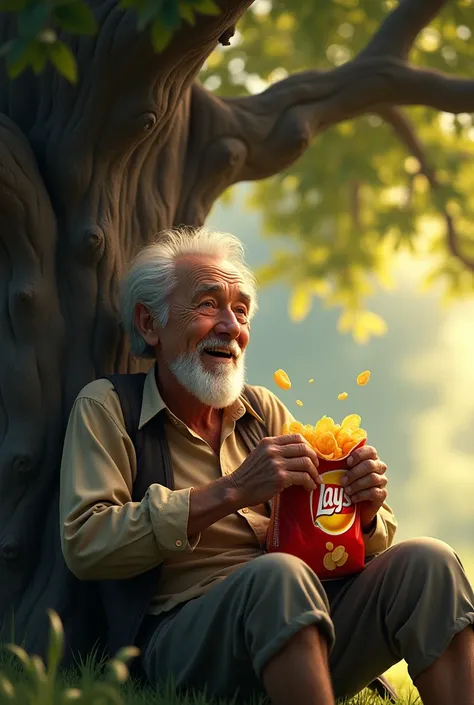 An old man sitting under a tree eating lays