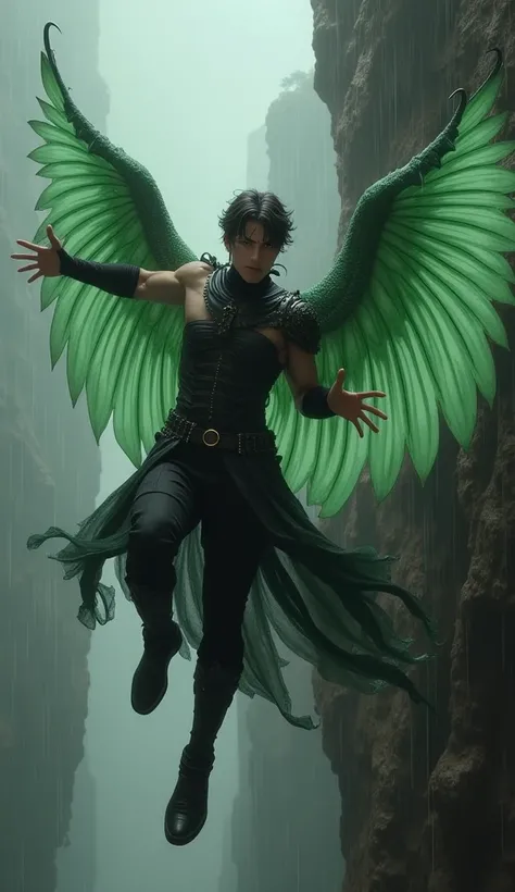 Handsome male well-built prince fae with dark hair and light green wings flying in a cliff, huge wings, black outfit and black boot, rainy background, dark color, Masterpiece, Anatomically Correct, High Details, Super Detailed, Textured Skin, Shiny Hair, P...