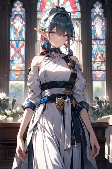 Green haired woman in blue outfit standing in front of stained glass, (light smile), [[[blue outfit]]], (((blue and white outfit))), (((long skirt))),  (((silky dress))), ((dynamic pose)), [Jewelry on the chest], ((Brue jewelry)),  1girl, [solo], [defRiver...