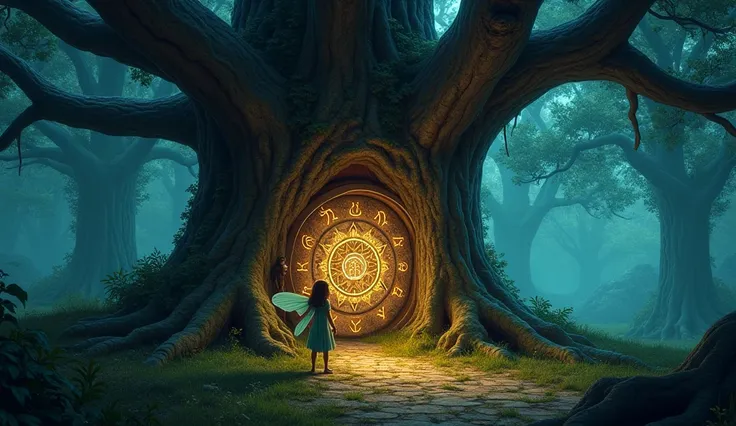 A giant oak tree stands at the heart of the enchanted woods, its bark textured and ancient. In the center of the tree’s trunk, a large, hidden door with intricate, glowing symbols is carved. The door emits a faint, magical glow. Luna, the fairy, is standin...