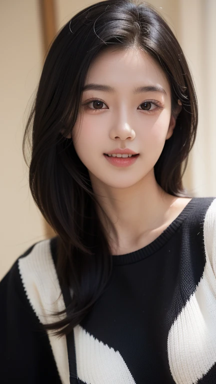 highest quality, masterpiece, ultra high resolution, (realistic:1.4), Raw photo, (Knitted sweater), upper body,(18 year old female),  (An 18-year-old girl, most famous japanese idol, (very beautiful black hair shortcut), Very cute face like the most popula...