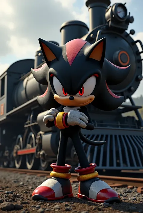 Shadow the hedgehog right next to a train 