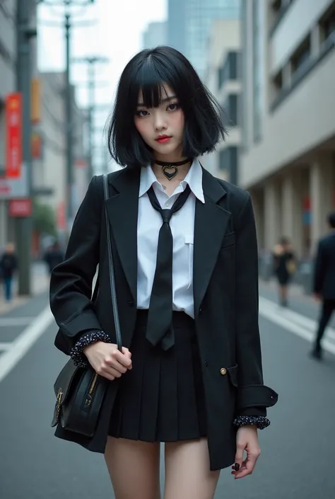  black hair、Split bangs、 Inverted Bangs 、（ amount ：1.3）、 Womens Makeup 、 long eyelashes、 eyeshadow、 White Button Shirts、Wear Sleeves 、 blazer、Uniform tie、 pleated skirt、 Premini Skirts 、Loose socks、 loafers without pants、 Wrist Scrunches 、bag、 Half Open Bu...