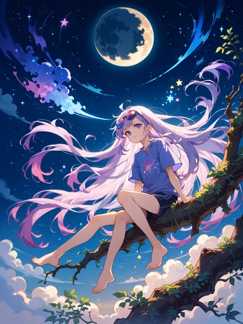 Score _9, Score _8_climb, Score _7_climb, source_Anime,
Surreal, 
1 girl,K-pop idols,  Very Long Hair , I&#39;m floating,My hair shines, 
  night scene, moon in the sky,shades of purple, night full stars ,Dreamlike atmosphere ,Glowing edge ,Mystical,high c...