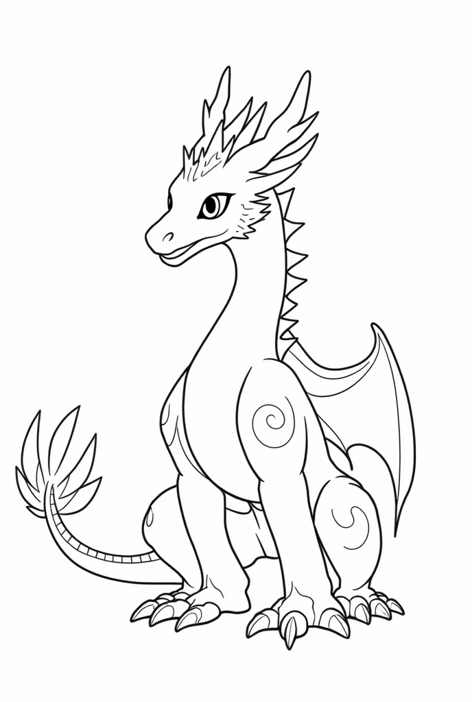 Create line-art illustrations of unique dragon-like creatures inspired by Pokémon designs. Each creature should have distinctive features, such as horns, wings, tails, or elemental patterns like fire, water, ice, or electricity. The artwork must be in a cl...