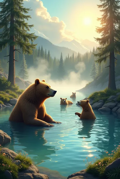 There is a hot spring in the sun, and bears soak in it