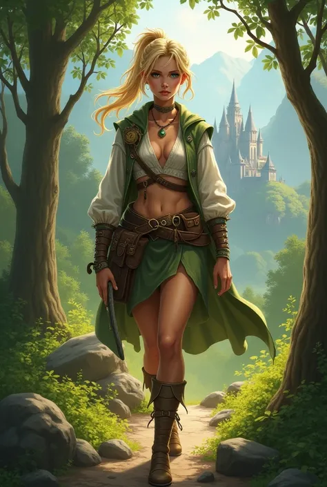  I want a detailed image of a fantasy character named Sylvia , the explorer .  She is on a forest path where you can see a city in the distance.
 Physical Description :  Sylvia is an agile and athletic woman ,  with sun-tanned skin from the open lands .  S...