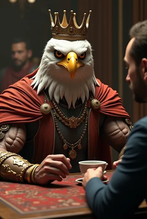 Hyperrealistic HUMANOID with an eagle head with a crown and kings clothes talking to a man holding a cup resting his arm on the table.  4K HDR with lots of details .  The humanoid is extremely muscular and strong. volumetric light, rtx reflections, Increas...