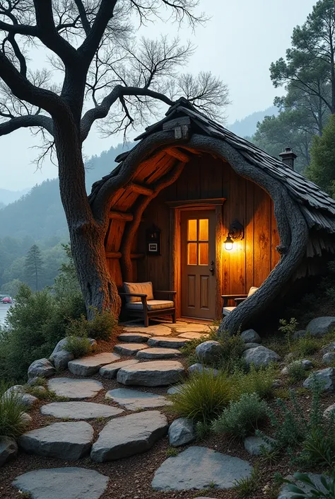  Create a cabin ,  Its materials are :
 Wood Stone Branches Organic Forms.

location: Hillside has :
parking lot,  lamp tube 
